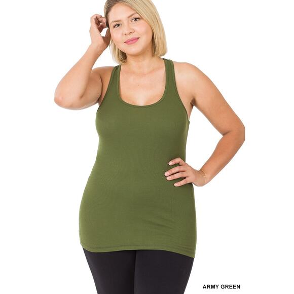 1X Army Green Ribbed Seamless Racerback Tank Top Zenana oversized comfort plus - Picture 2 of 5